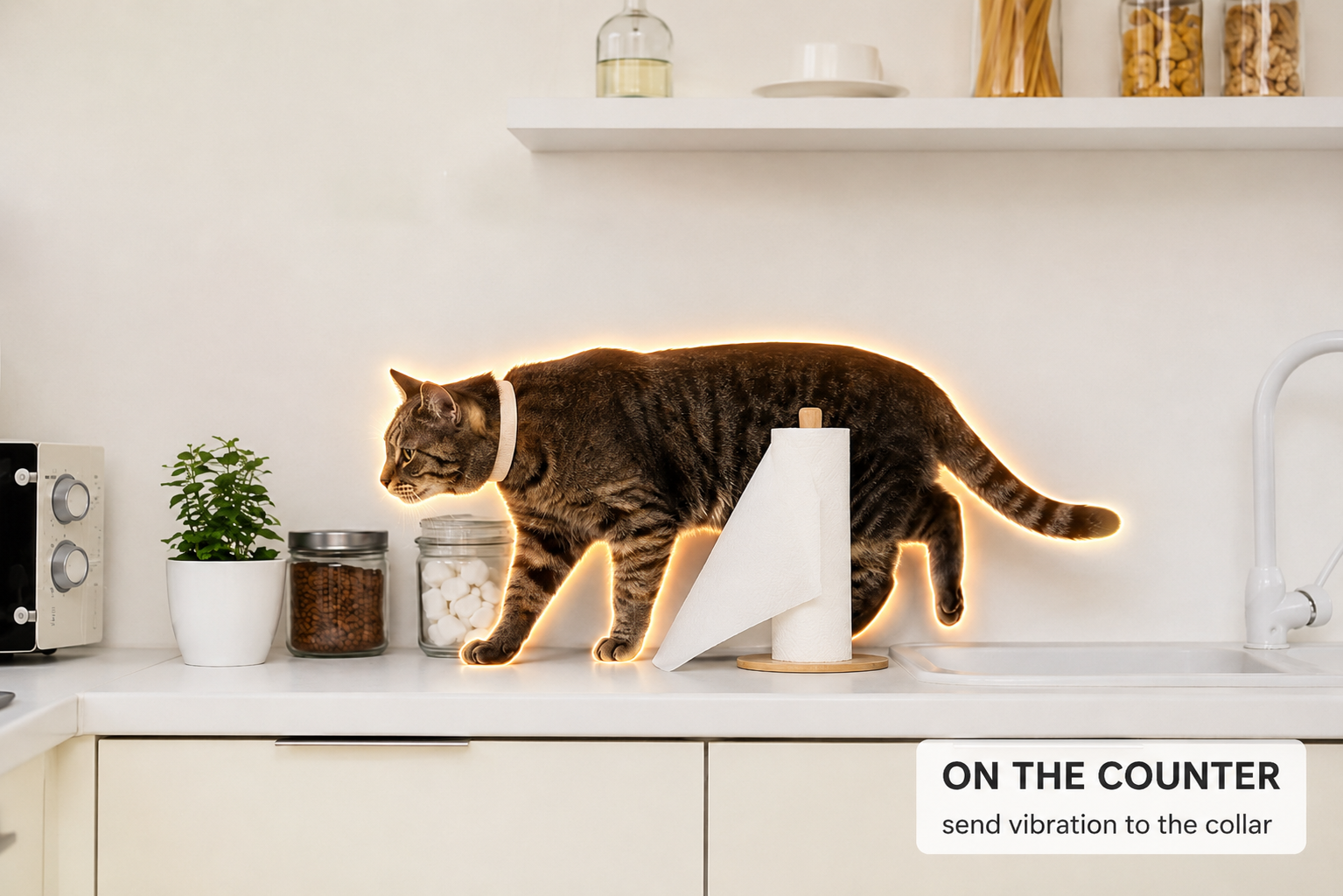 A tabby cat walking along a kitchen counter, outlined by the Sentry's detection glow, labelled: on the counter — send vibration to the collar